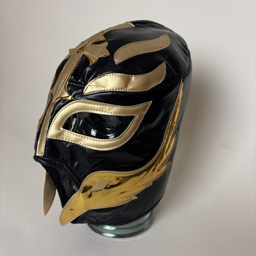 Rey Mysterio Luchador cushioned Wrestling Mask Adult Size Black Gold lace closur